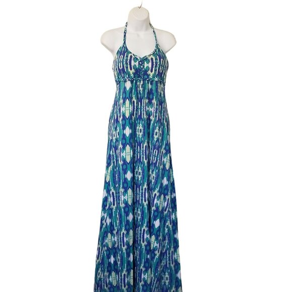 Soybu Dress Dhara Maxi Jersey Stretch Braid Halter L Blue Print Sundress Beach - Picture 3 of 9